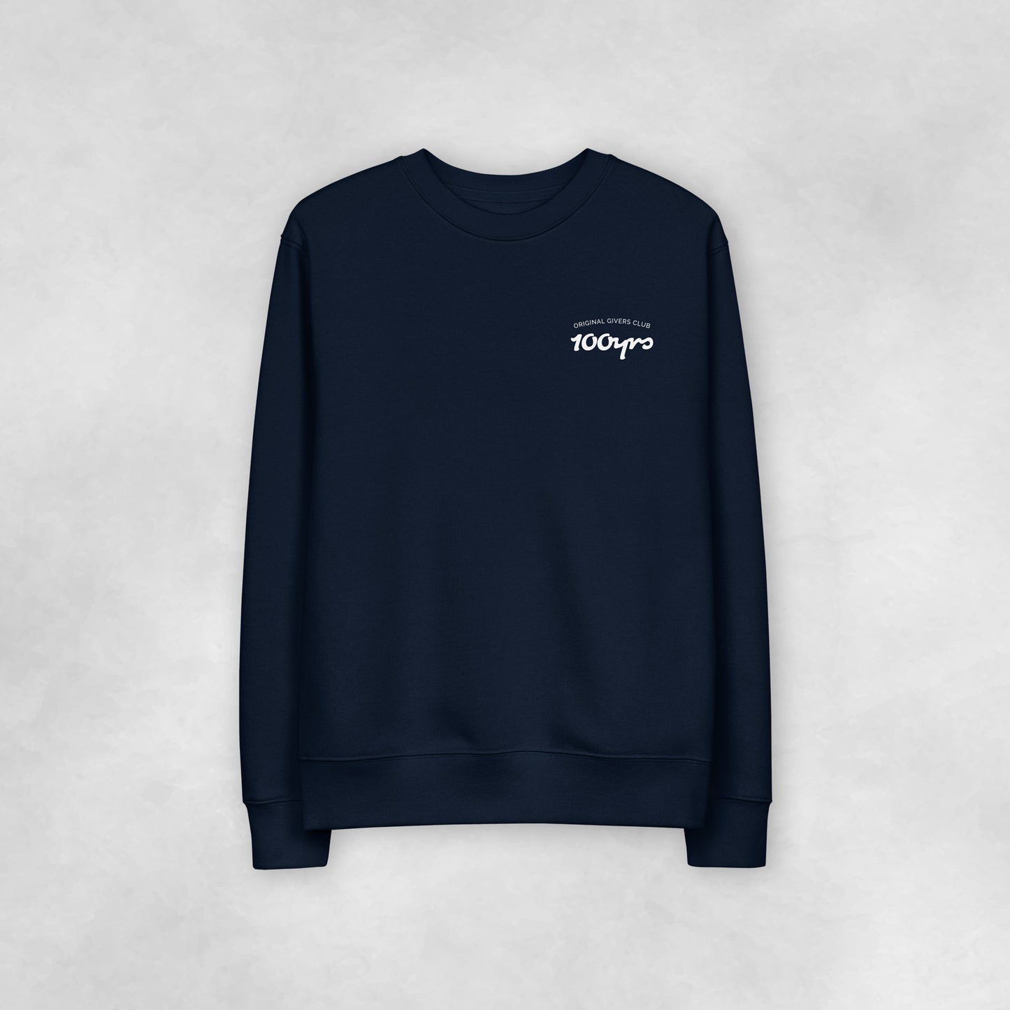The front view of a navy coloured 100% organic cotton sweatshirt.