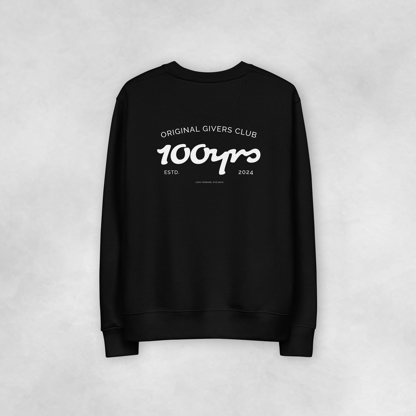 The back view of a back coloured 100% organic cotton sweatshirt.
