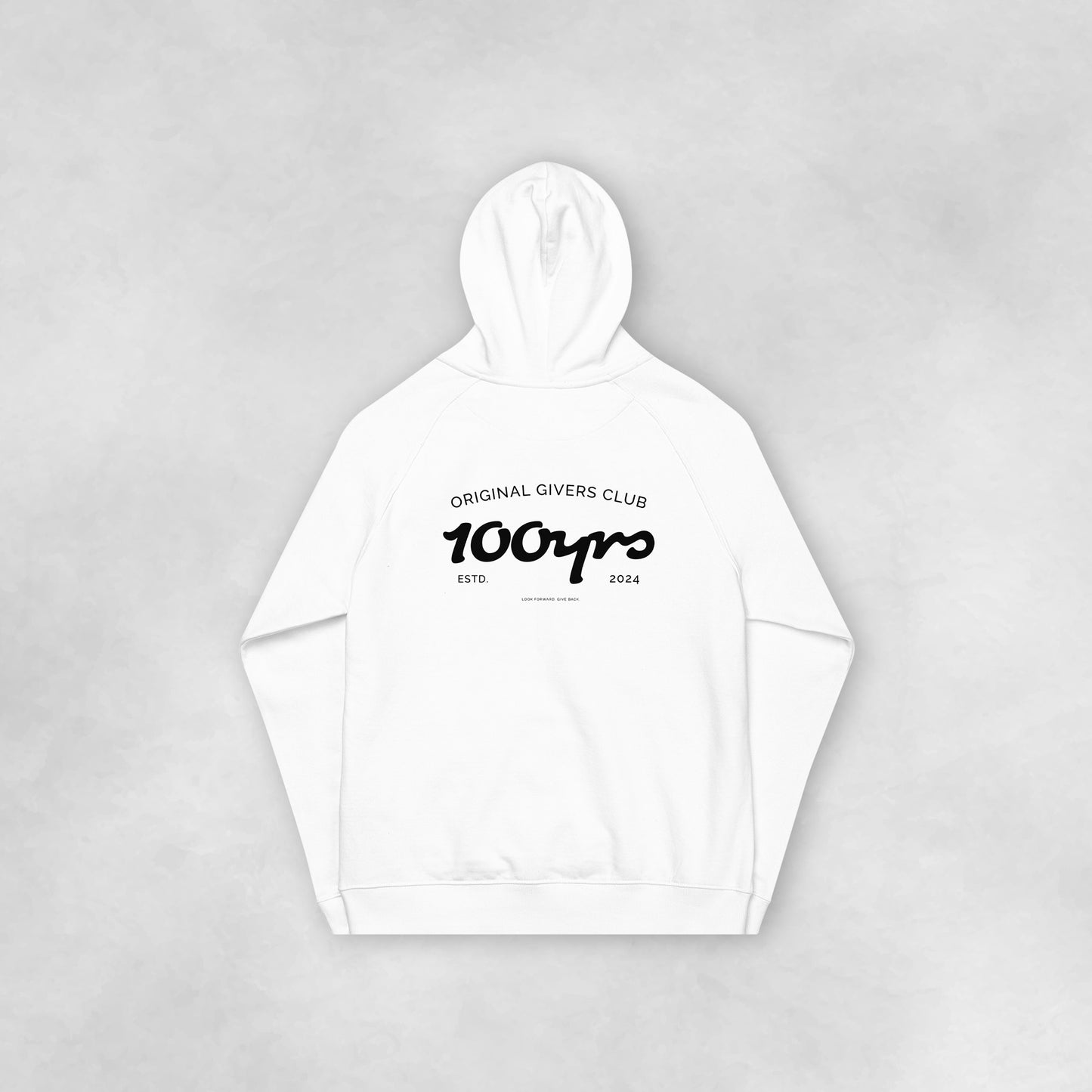 The back view of a white organic cotton raglan hoodie.