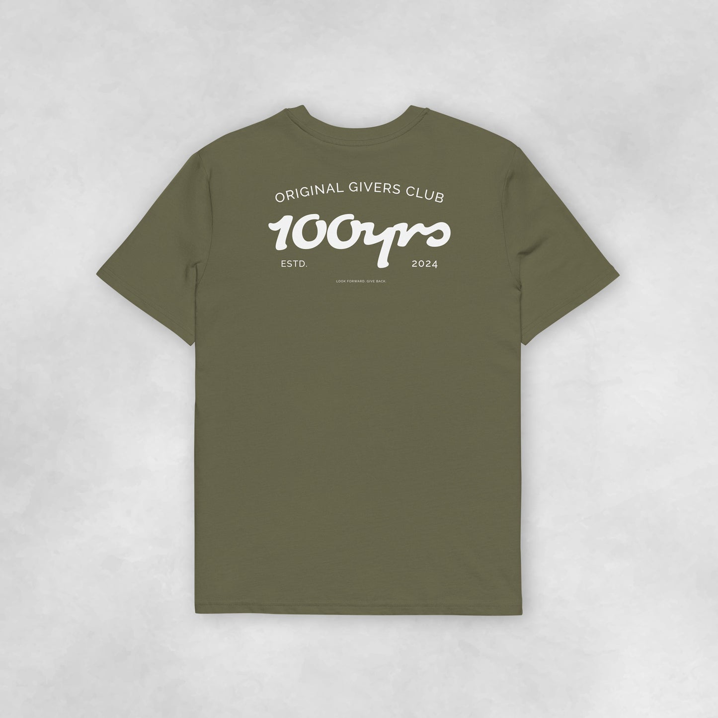 Back view of a khaki coloured 100% organic cotton t-shirt.