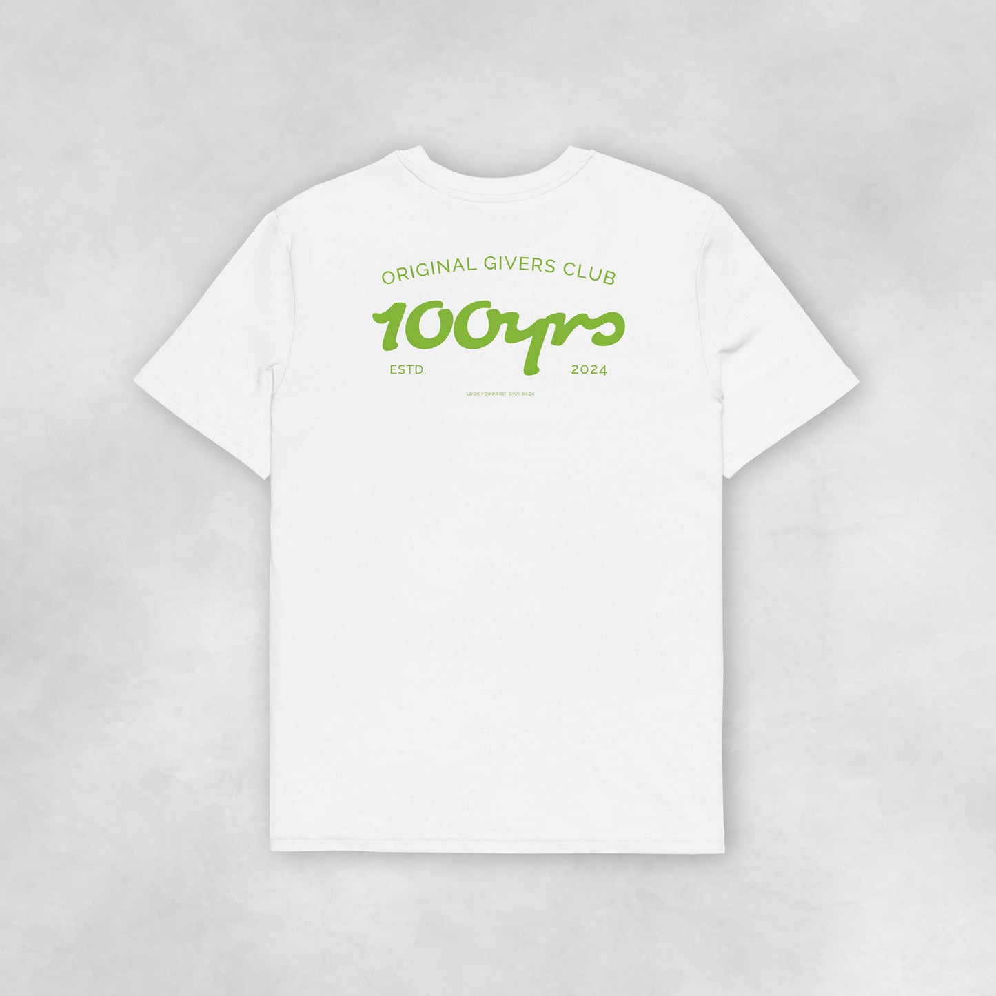 Back view of a white coloured 100% organic cotton t-shirt.