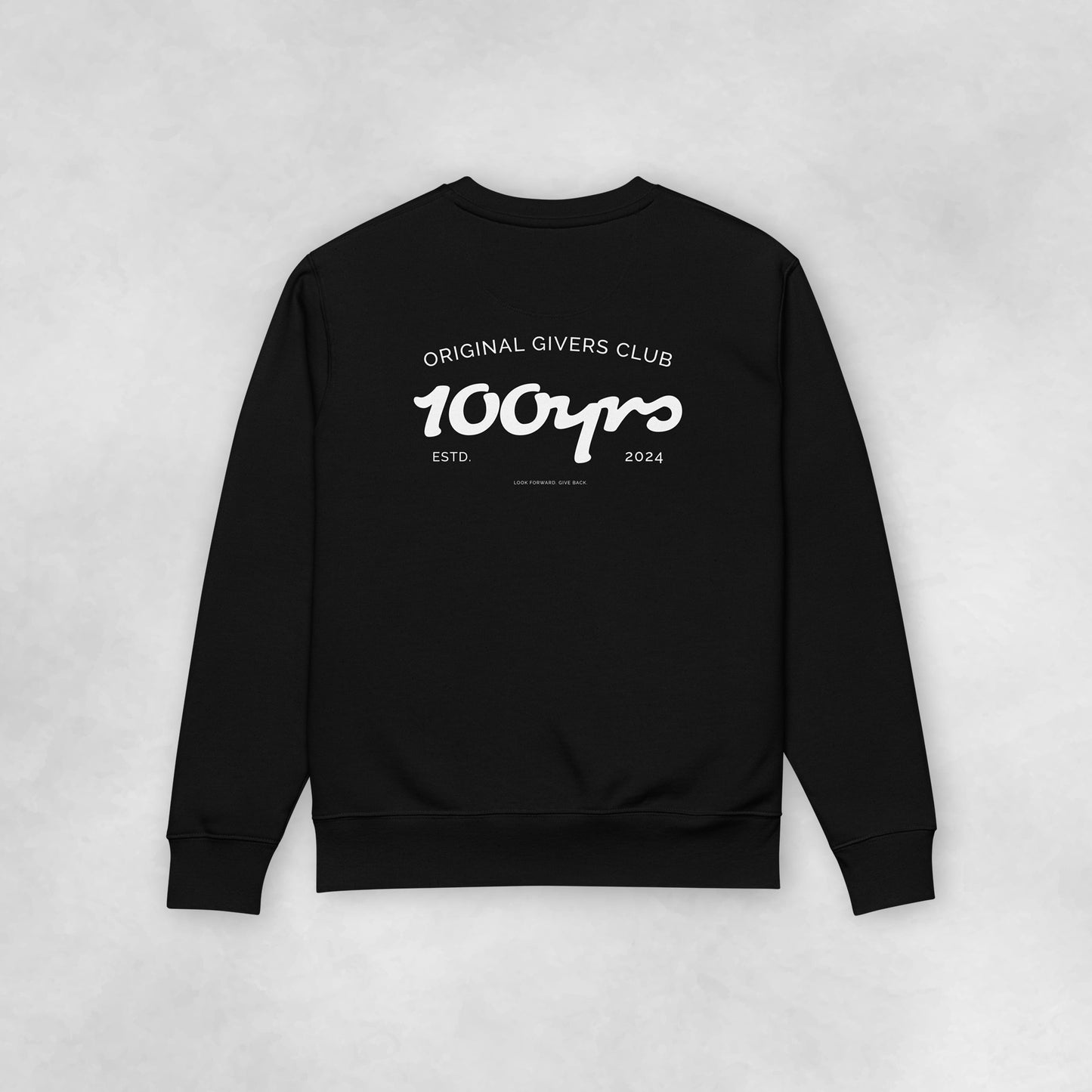 The back view of a black coloured 100% organic cotton sweatshirt.