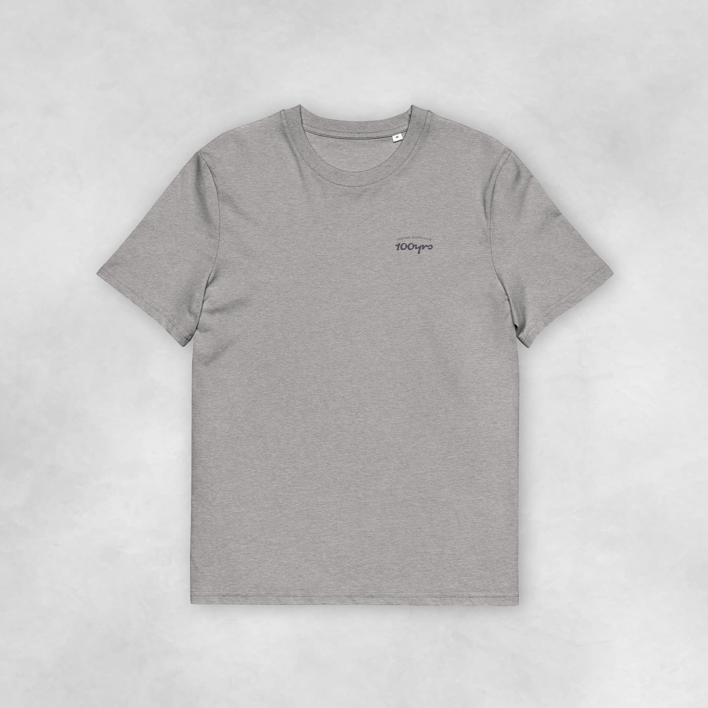 Front view of a heather grey coloured 100% organic cotton t-shirt.