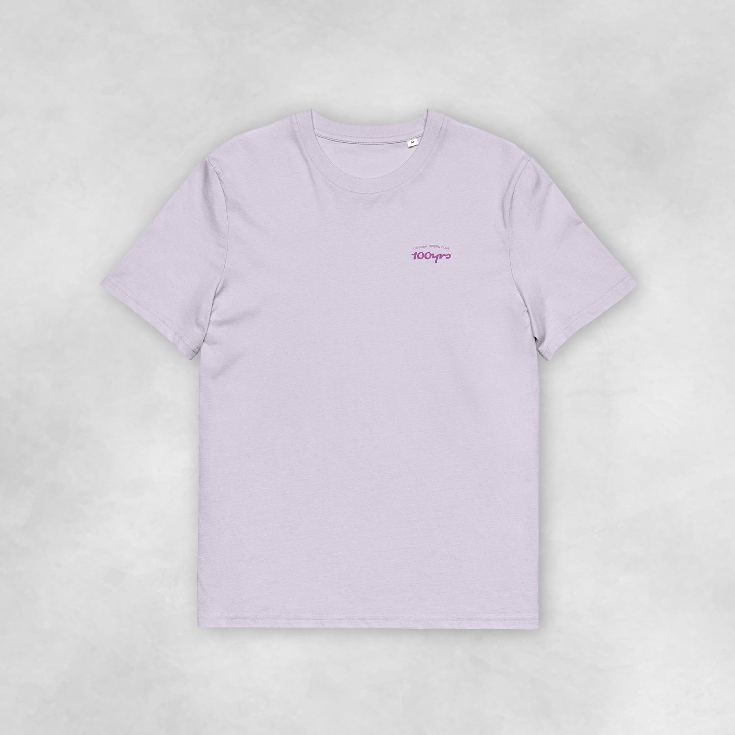 Front view of a lavender coloured 100% organic cotton t-shirt.