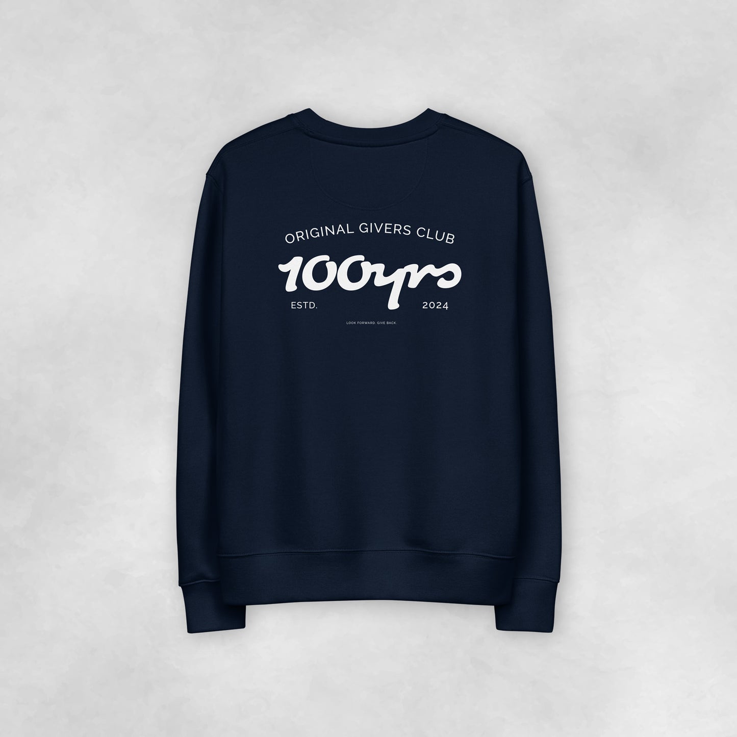 The back view of a navy coloured 100% organic cotton sweatshirt.