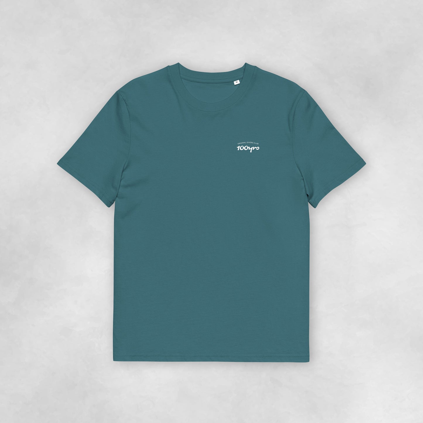 Front view of a stargazer blue coloured 100% organic cotton t-shirt.