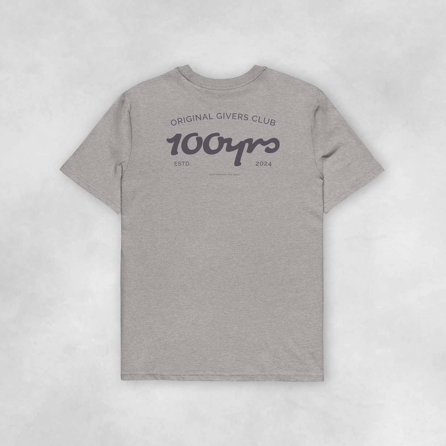 Back view of a heather grey coloured 100% organic cotton t-shirt.