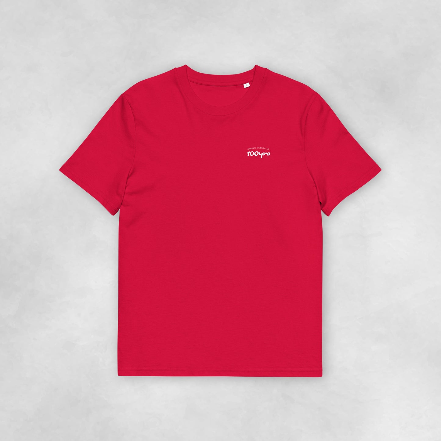 Front view of a red coloured 100% organic cotton t-shirt.