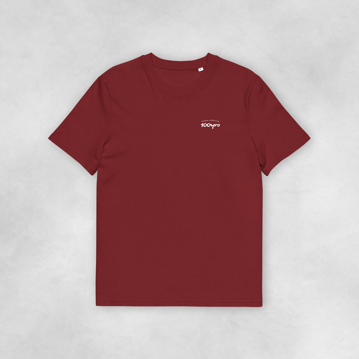 Front view of a burgundy coloured 100% organic cotton t-shirt.