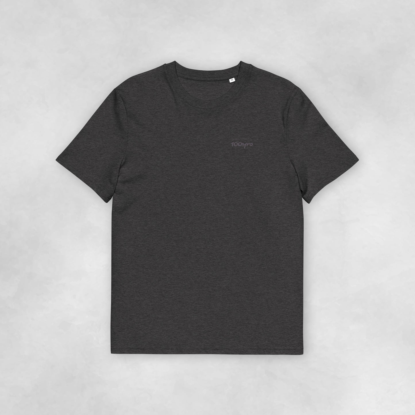 Front view of a dark heather grey coloured 100% organic cotton t-shirt.