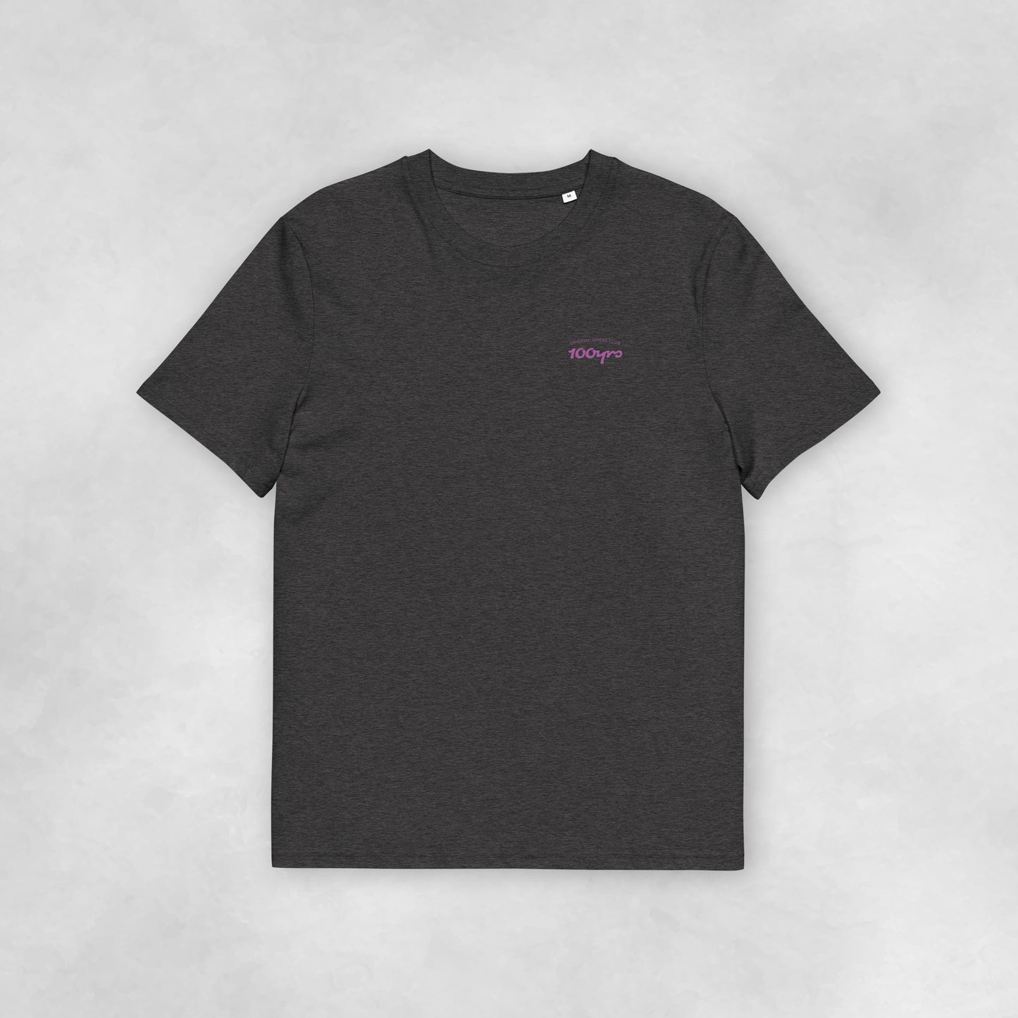 Front view of a dark heather grey coloured 100% organic cotton t-shirt.