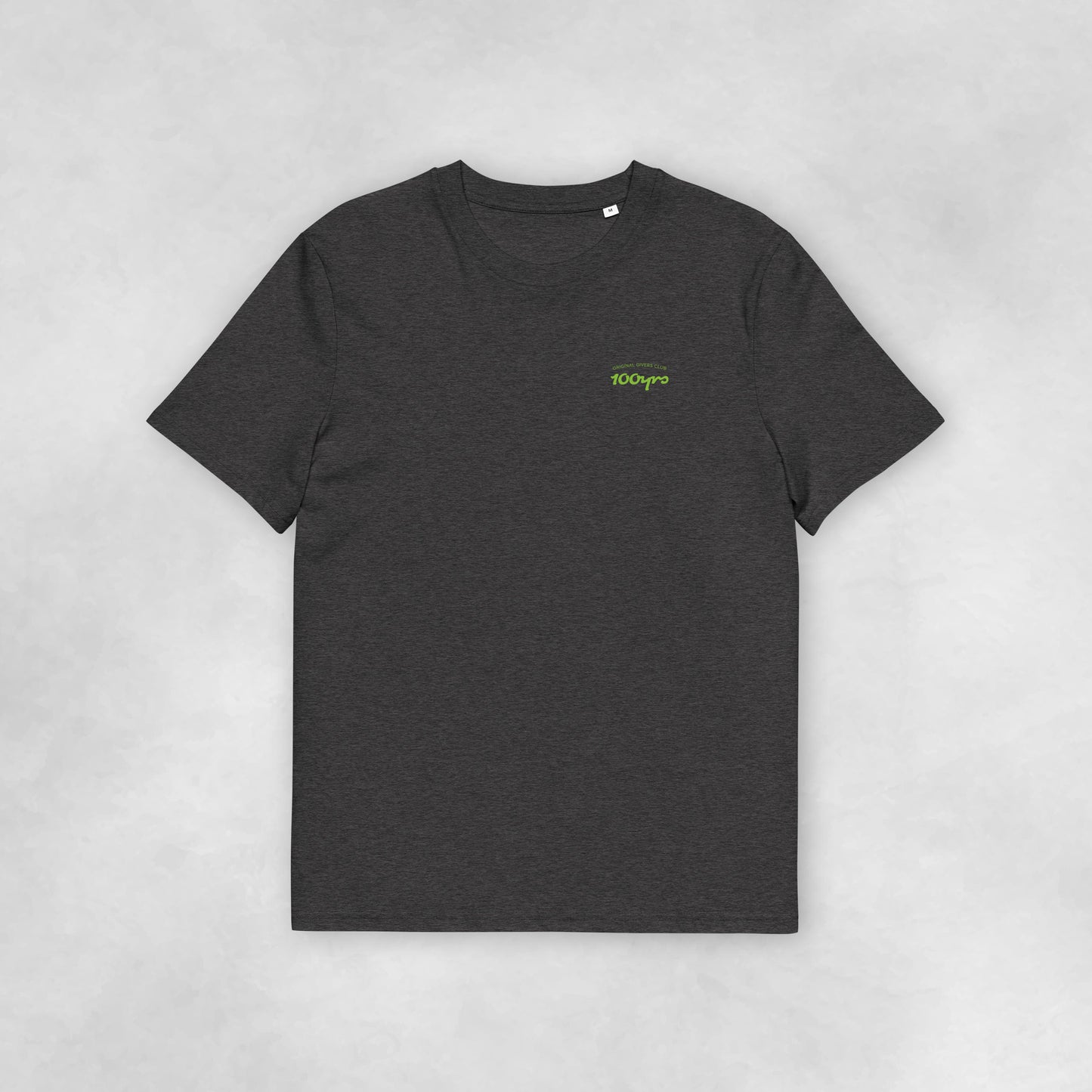 Front view of a dark heather grey coloured 100% organic cotton t-shirt.
