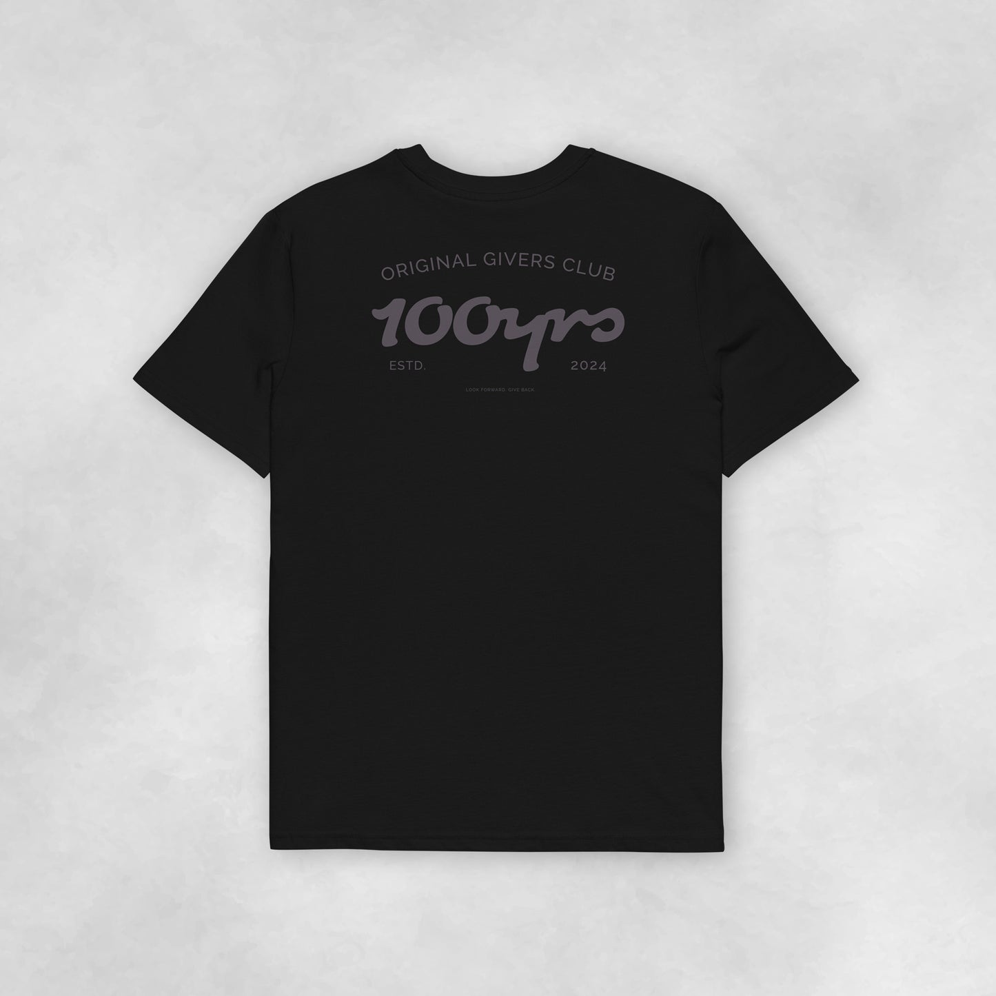 Back view of a black coloured 100% organic cotton t-shirt.