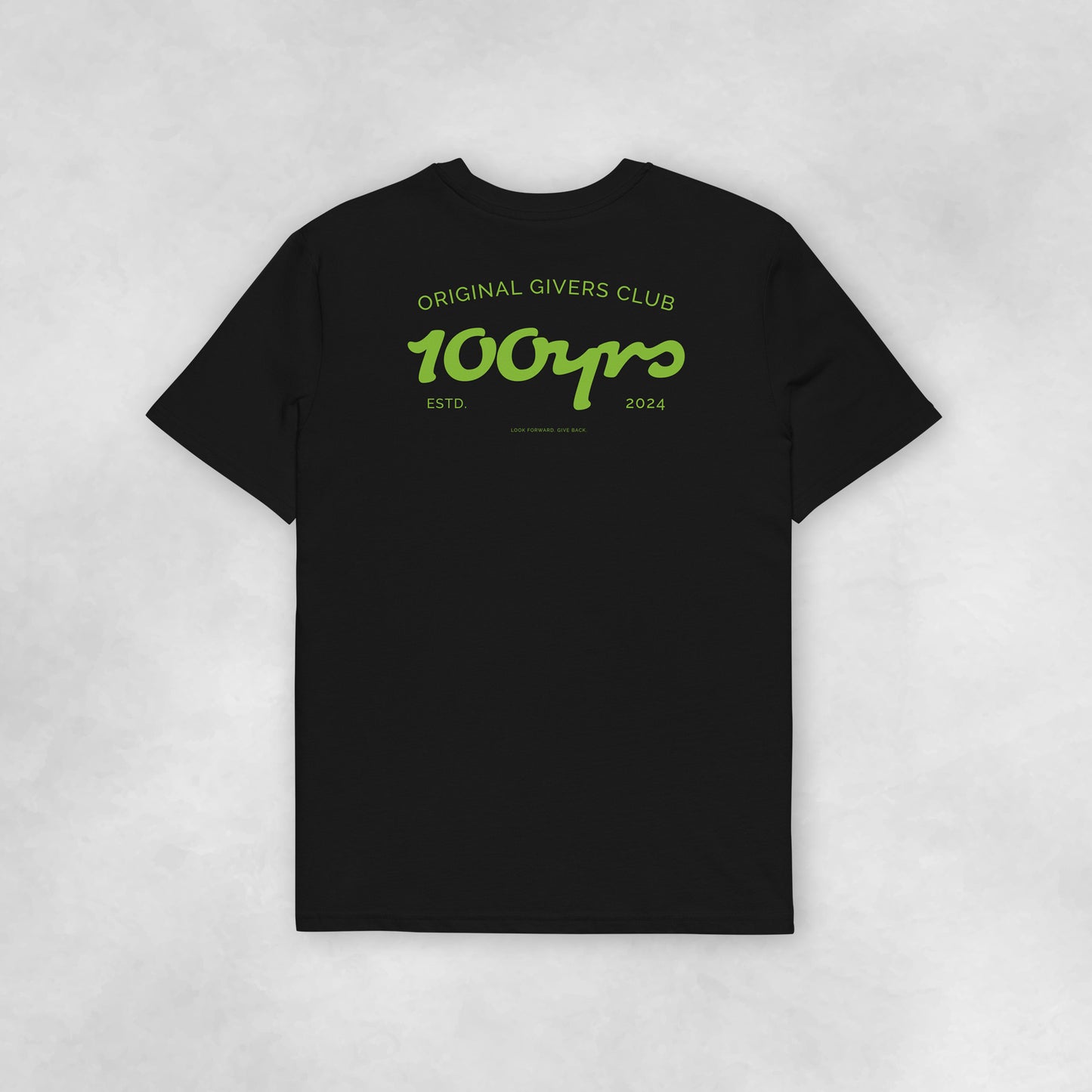 Back view of a black coloured 100% organic cotton t-shirt.