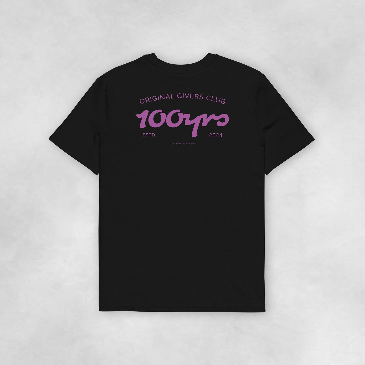 Back view of a black coloured 100% organic cotton t-shirt.