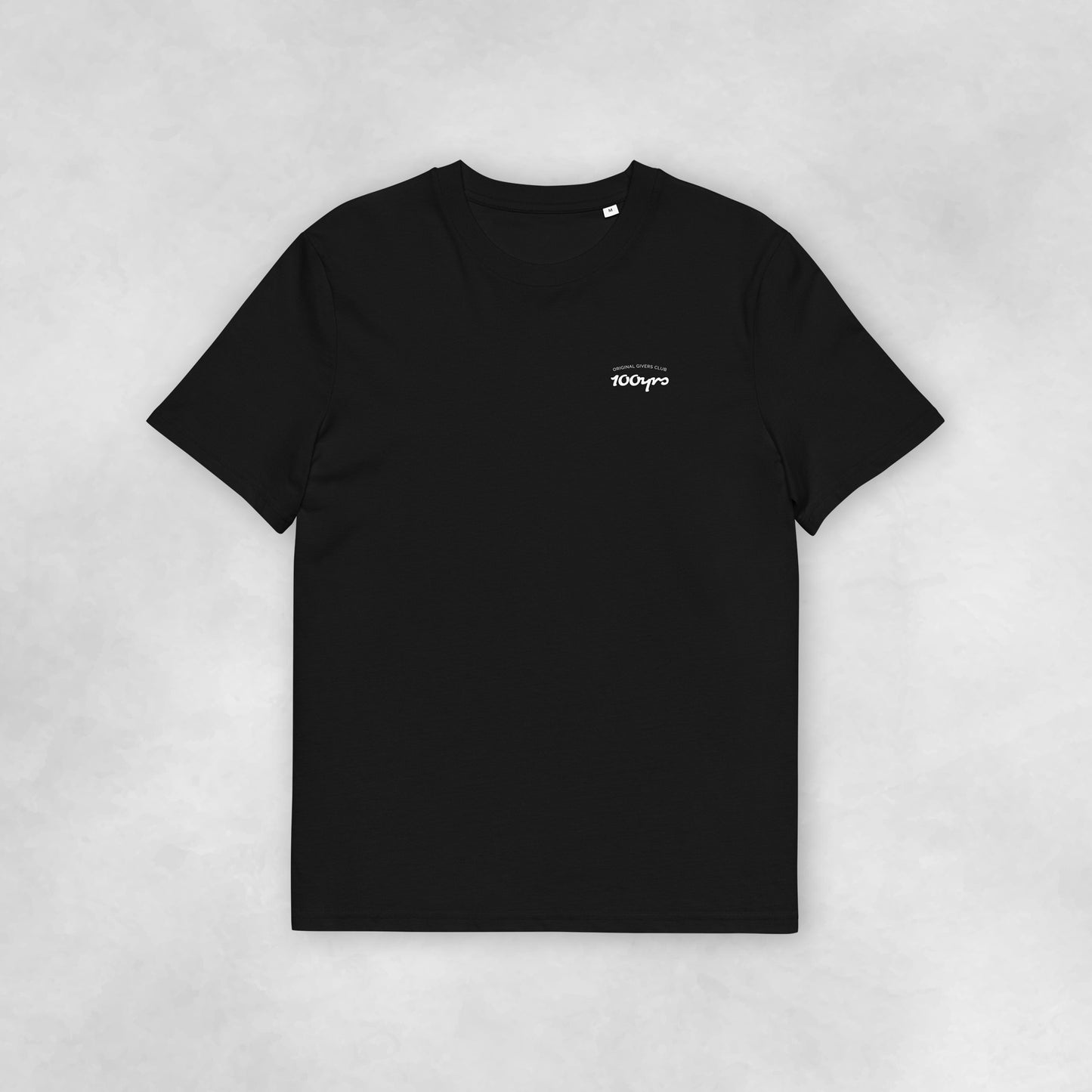 Front view of a black coloured 100% organic cotton t-shirt.