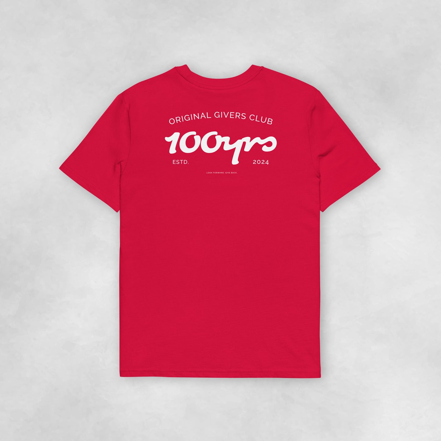 Back view of a red coloured 100% organic cotton t-shirt.