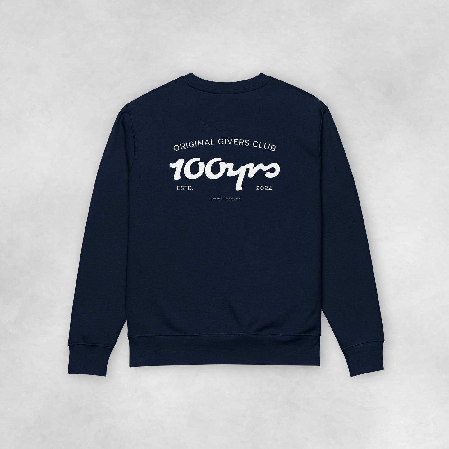 The back view of a navy coloured 100% organic cotton sweatshirt.