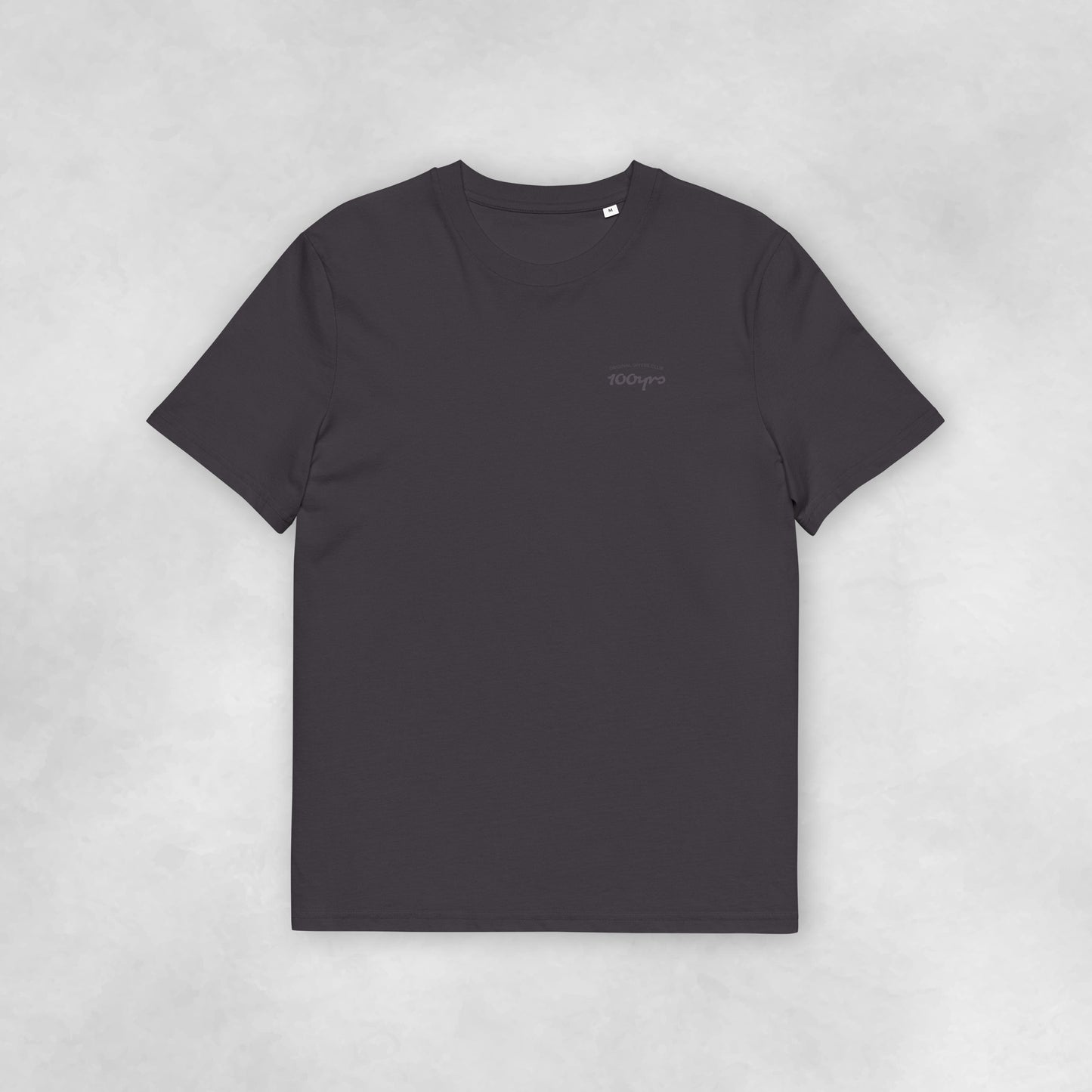 Front view of an anthracite coloured 100% organic cotton t-shirt.