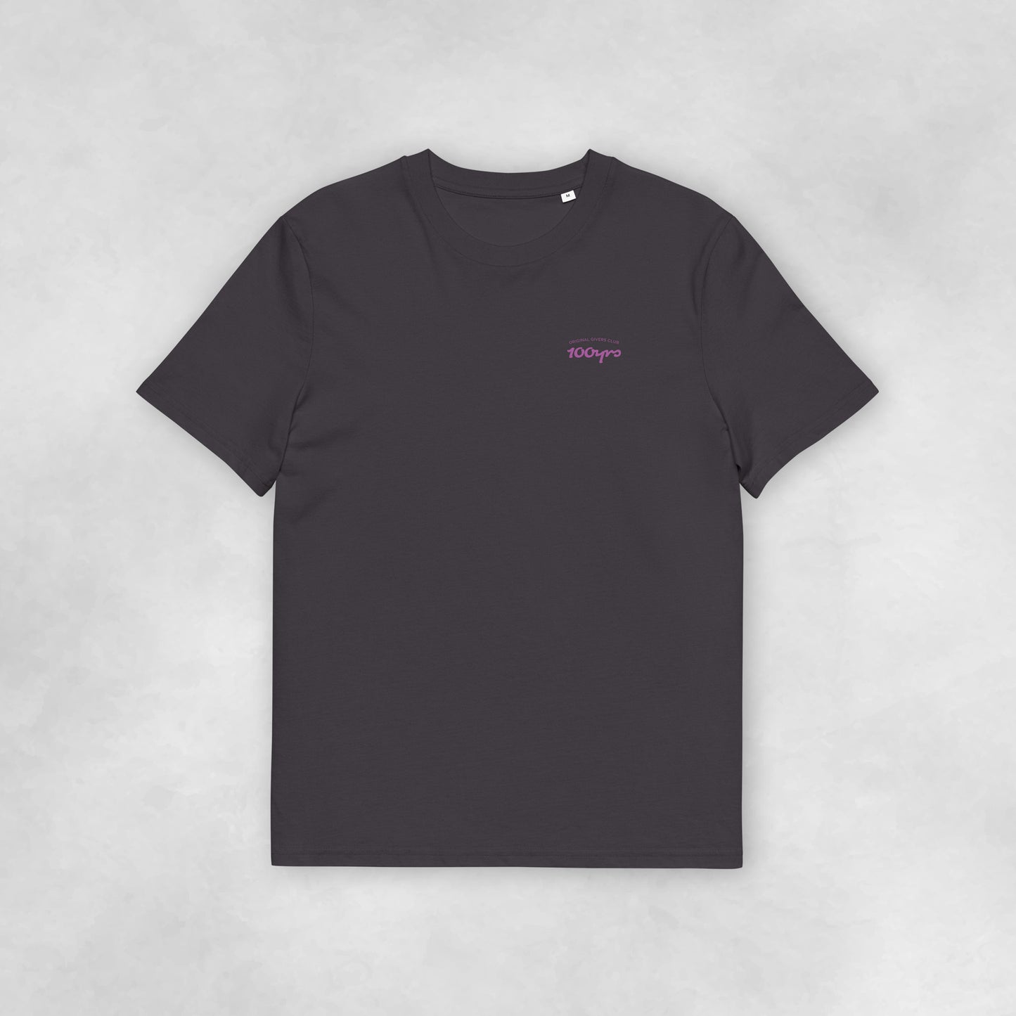 Front view of an anthracite coloured 100% organic cotton t-shirt.