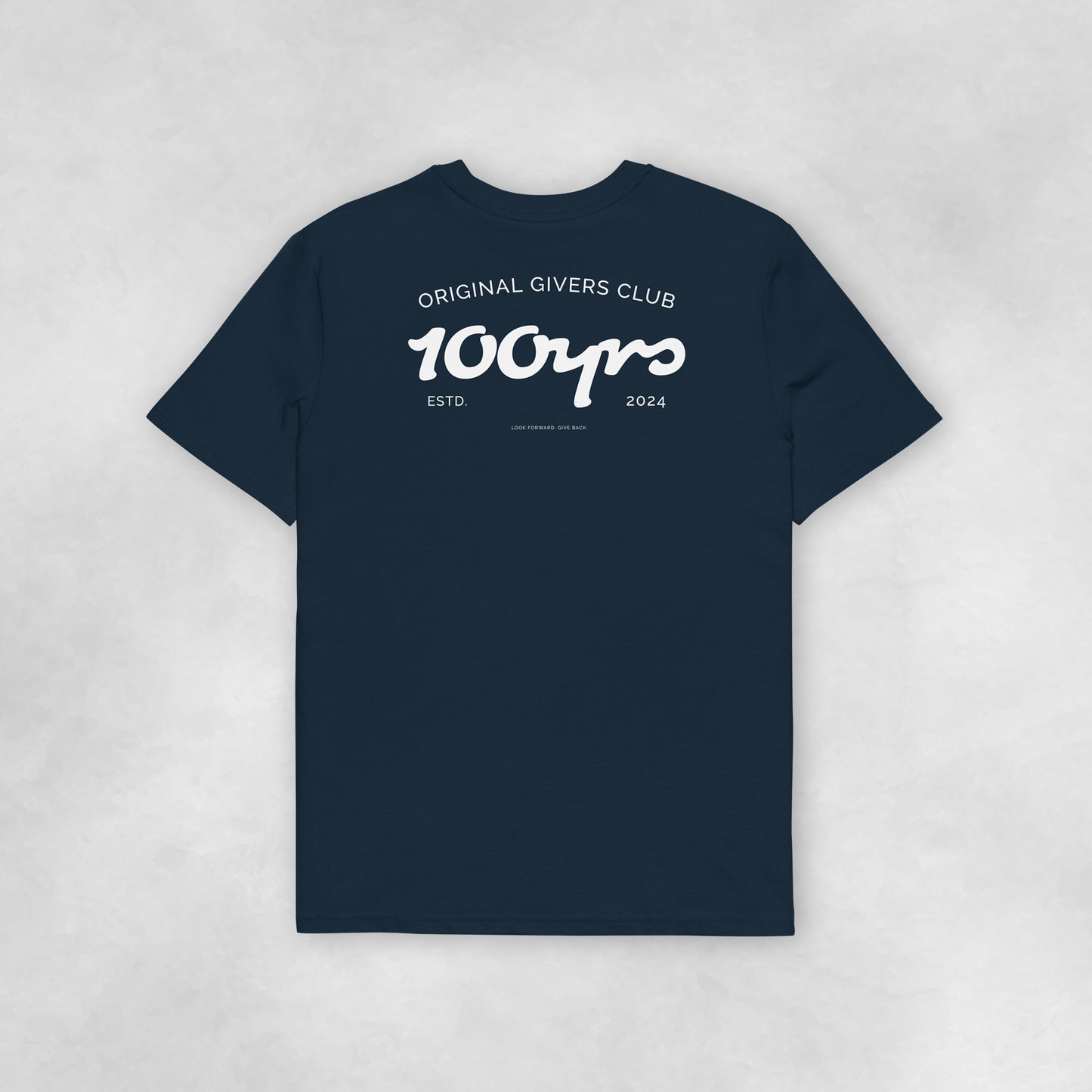 Back view of a navy coloured 100% organic cotton t-shirt.