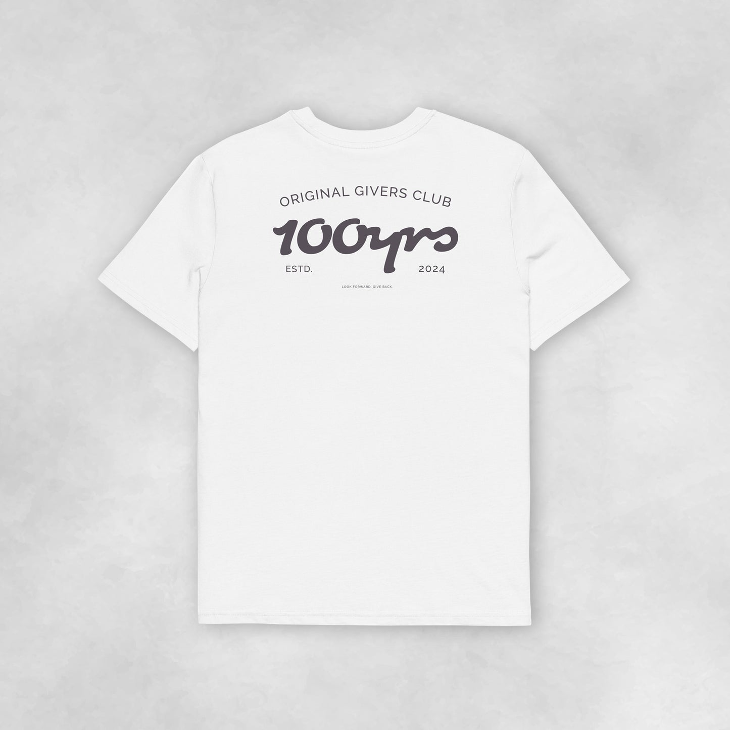 Back view of a white coloured 100% organic cotton t-shirt.