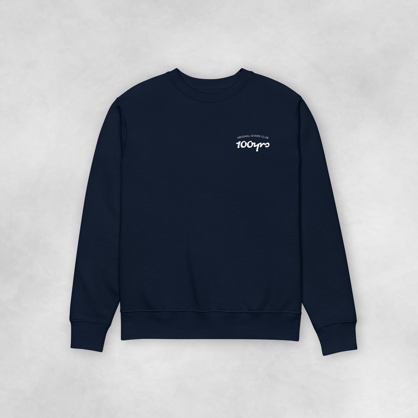 The front view of a navy coloured 100% organic cotton sweatshirt with the sleeves spread to the side.