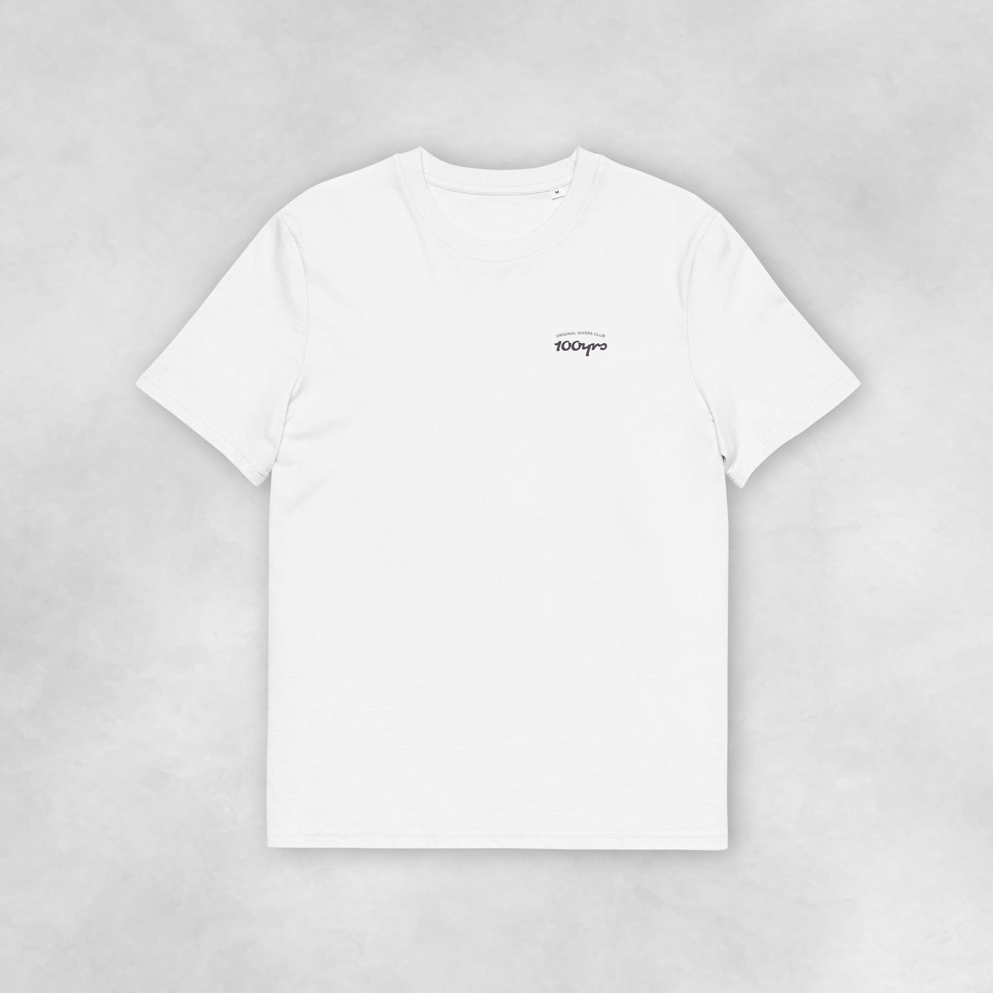 Front view of a white coloured 100% organic cotton t-shirt.