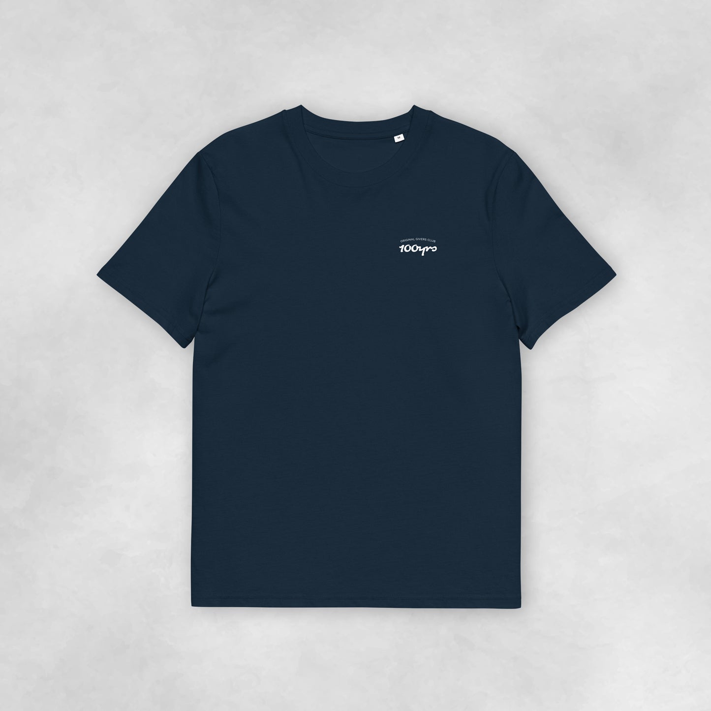 Front view of a navy coloured 100% organic cotton t-shirt.