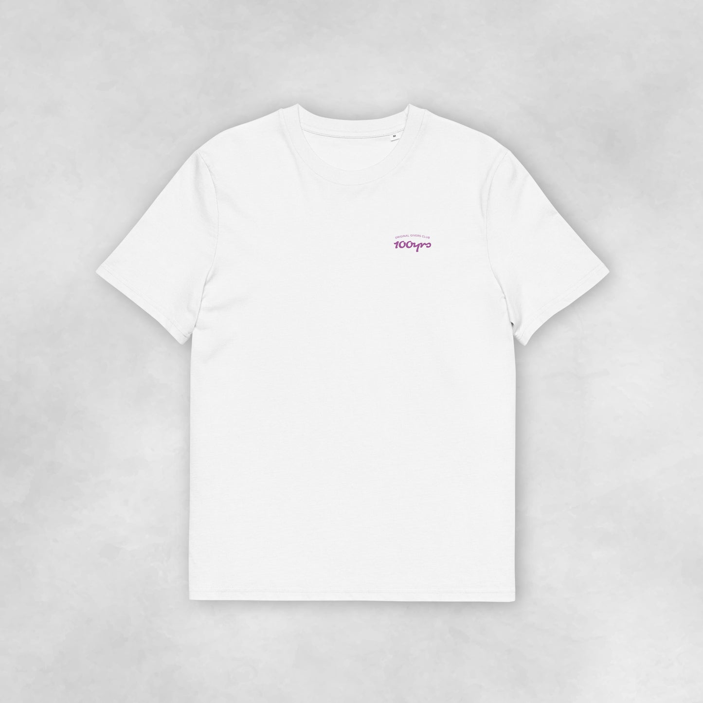 Front view of a white coloured 100% organic cotton t-shirt.