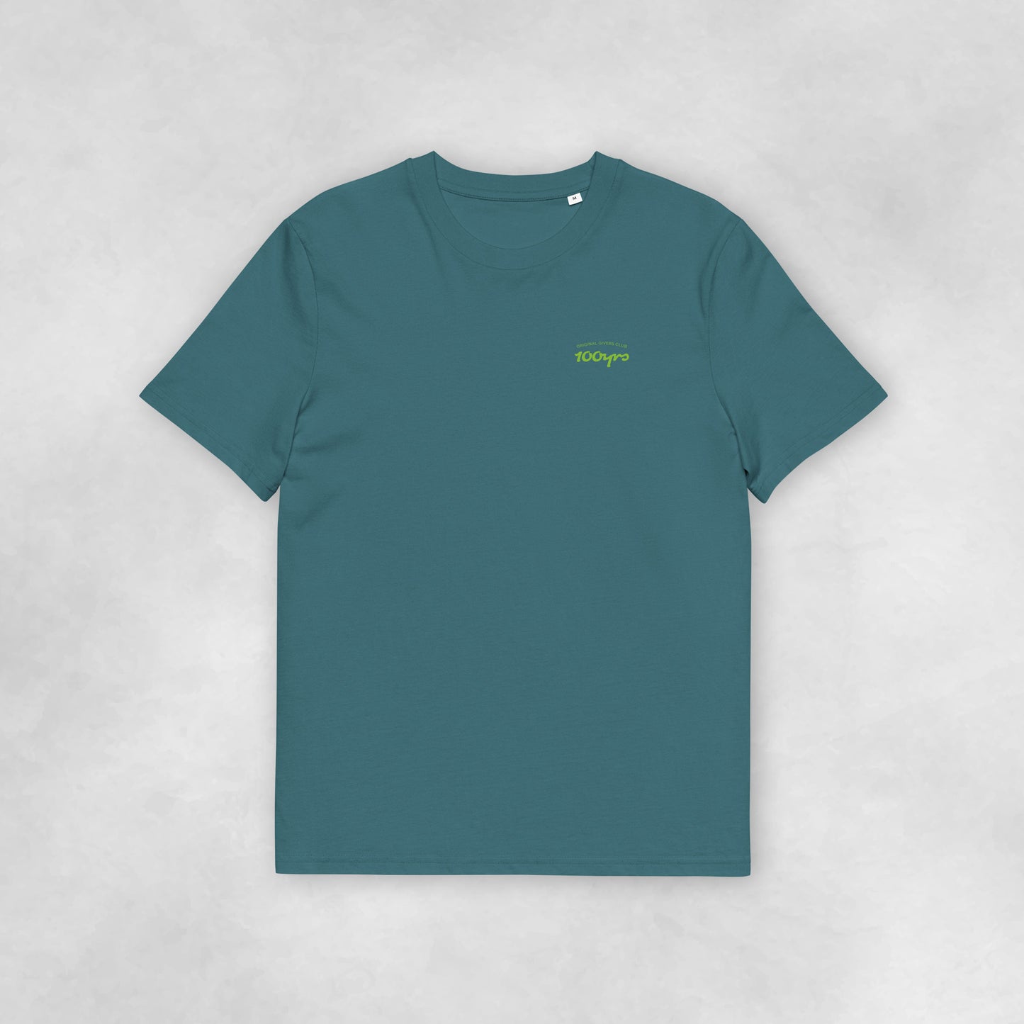 Front view of a stargazer blue coloured 100% organic cotton t-shirt.