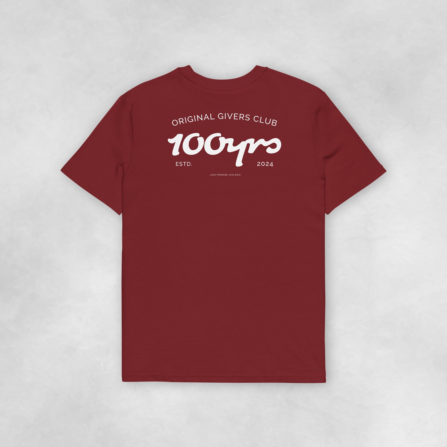 Back view of a burgundy coloured 100% organic cotton t-shirt.