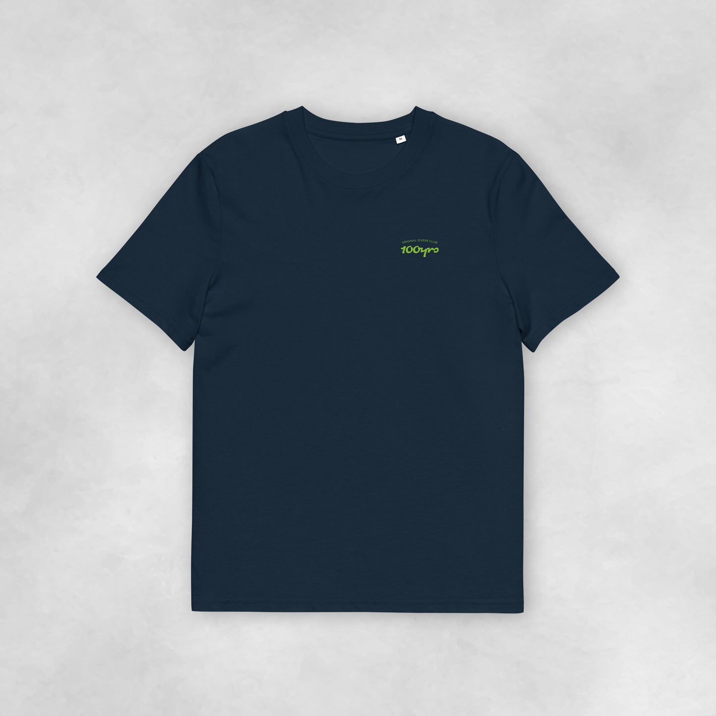 Front view of a navy coloured 100% organic cotton t-shirt.