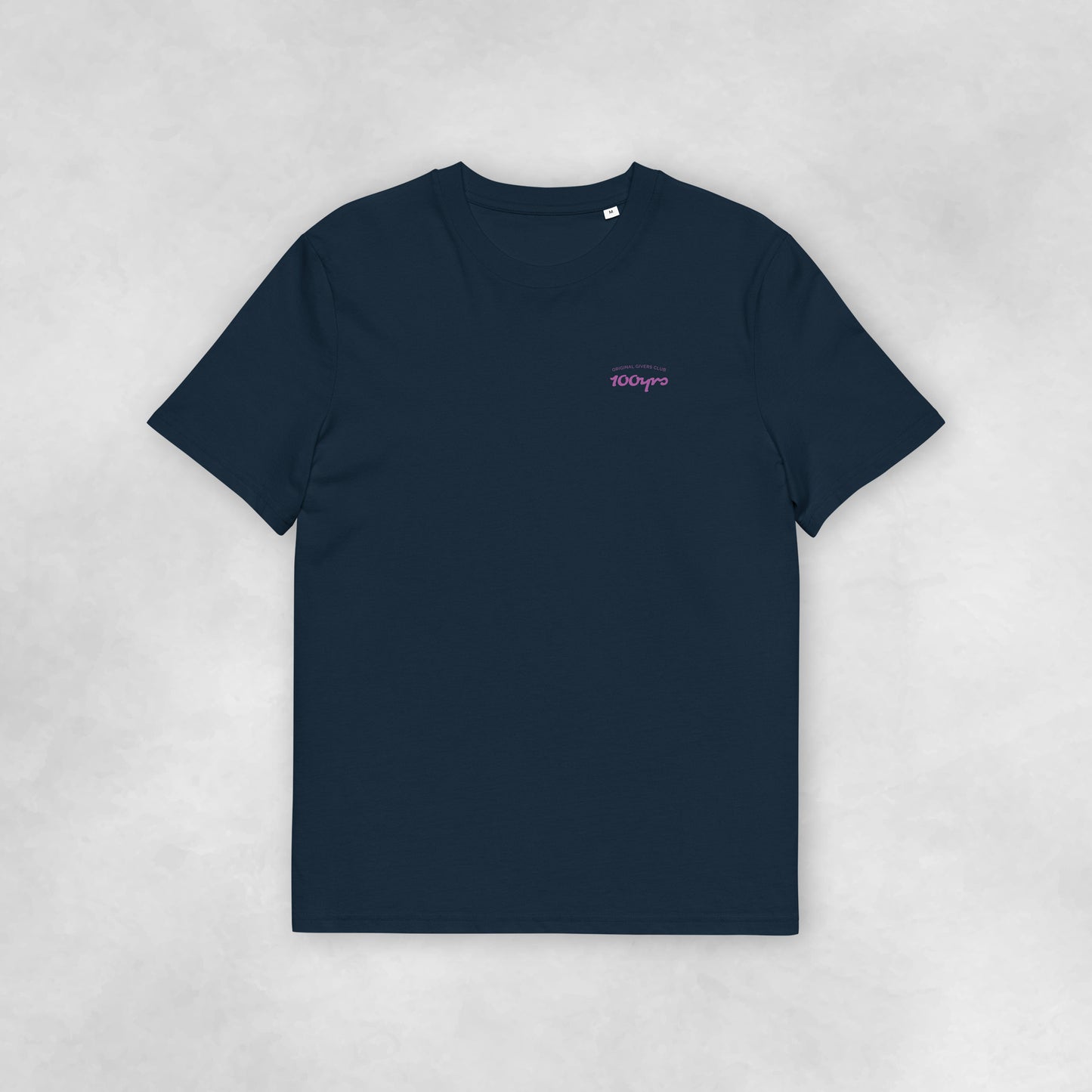 Front view of a navy coloured 100% organic cotton t-shirt.