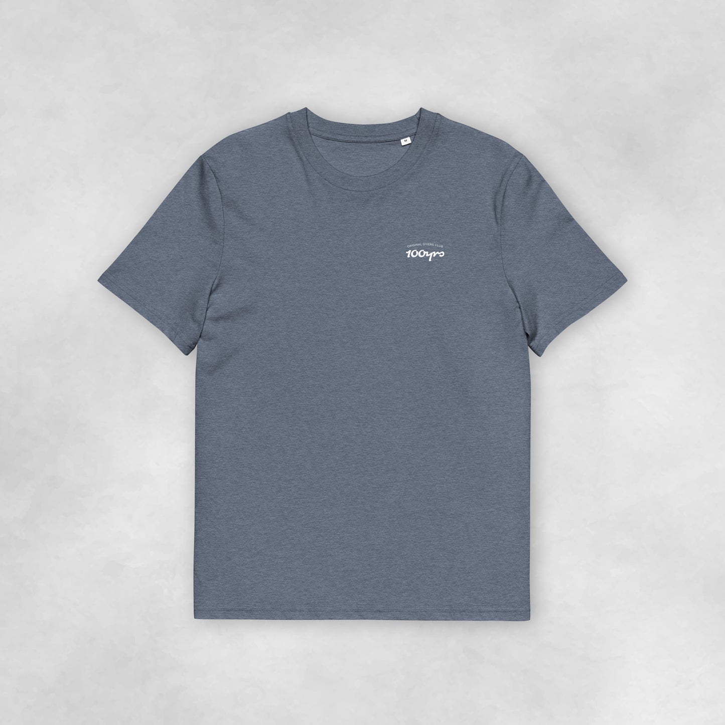 Front view of a dark heather blue coloured 100% organic cotton t-shirt.