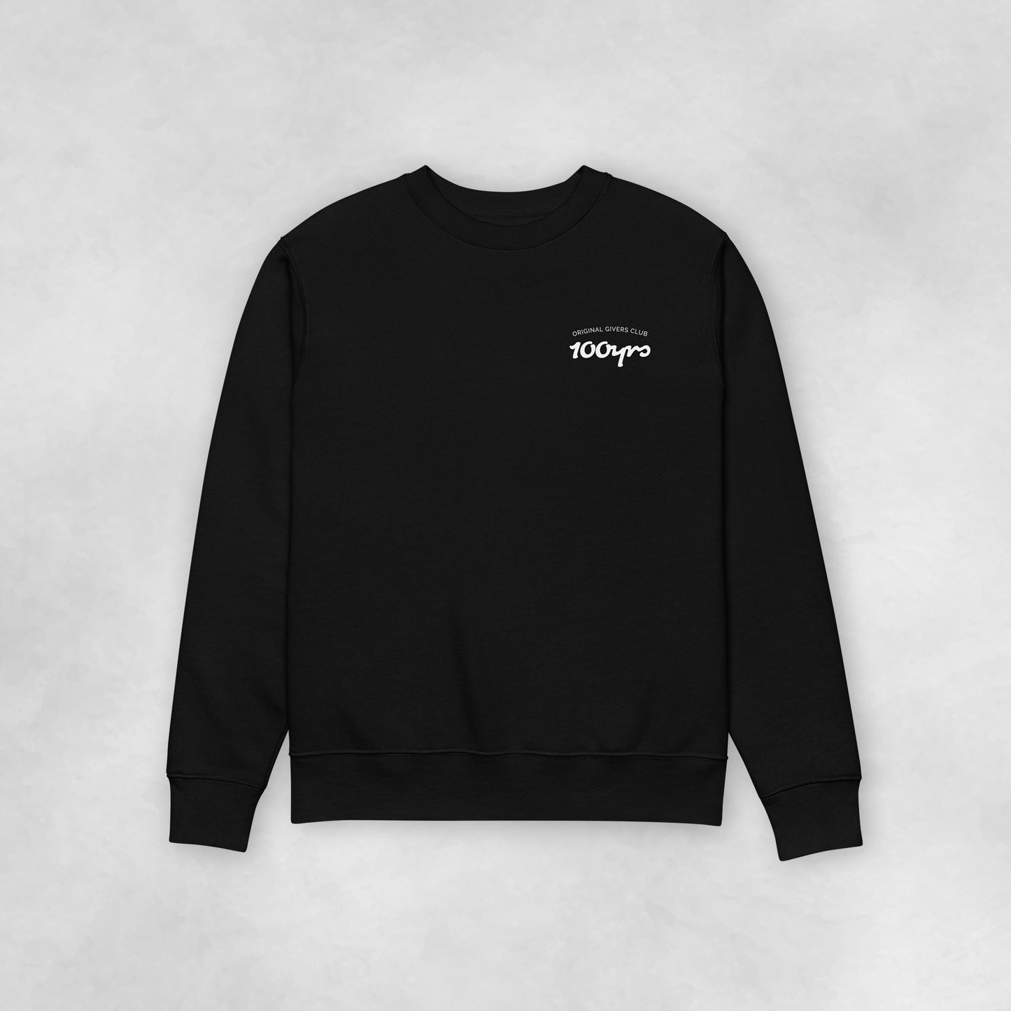 The front view of a black coloured 100% organic cotton sweatshirt with the sleeves spread to the side.