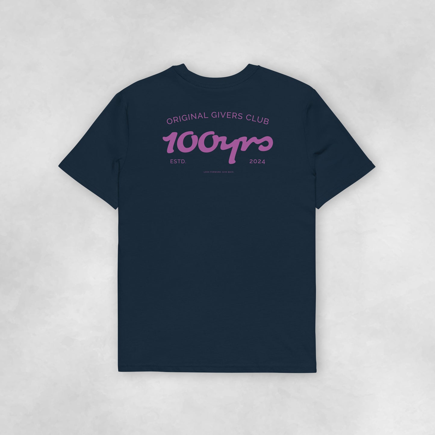 Back view of a navy coloured 100% organic cotton t-shirt.