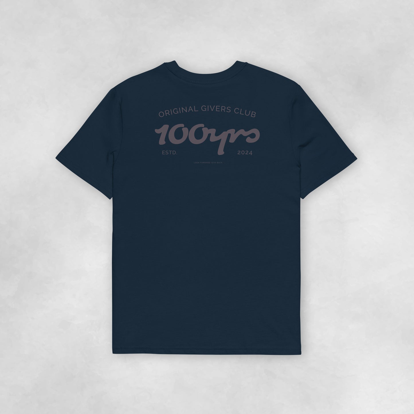 Back view of a navy coloured 100% organic cotton t-shirt.