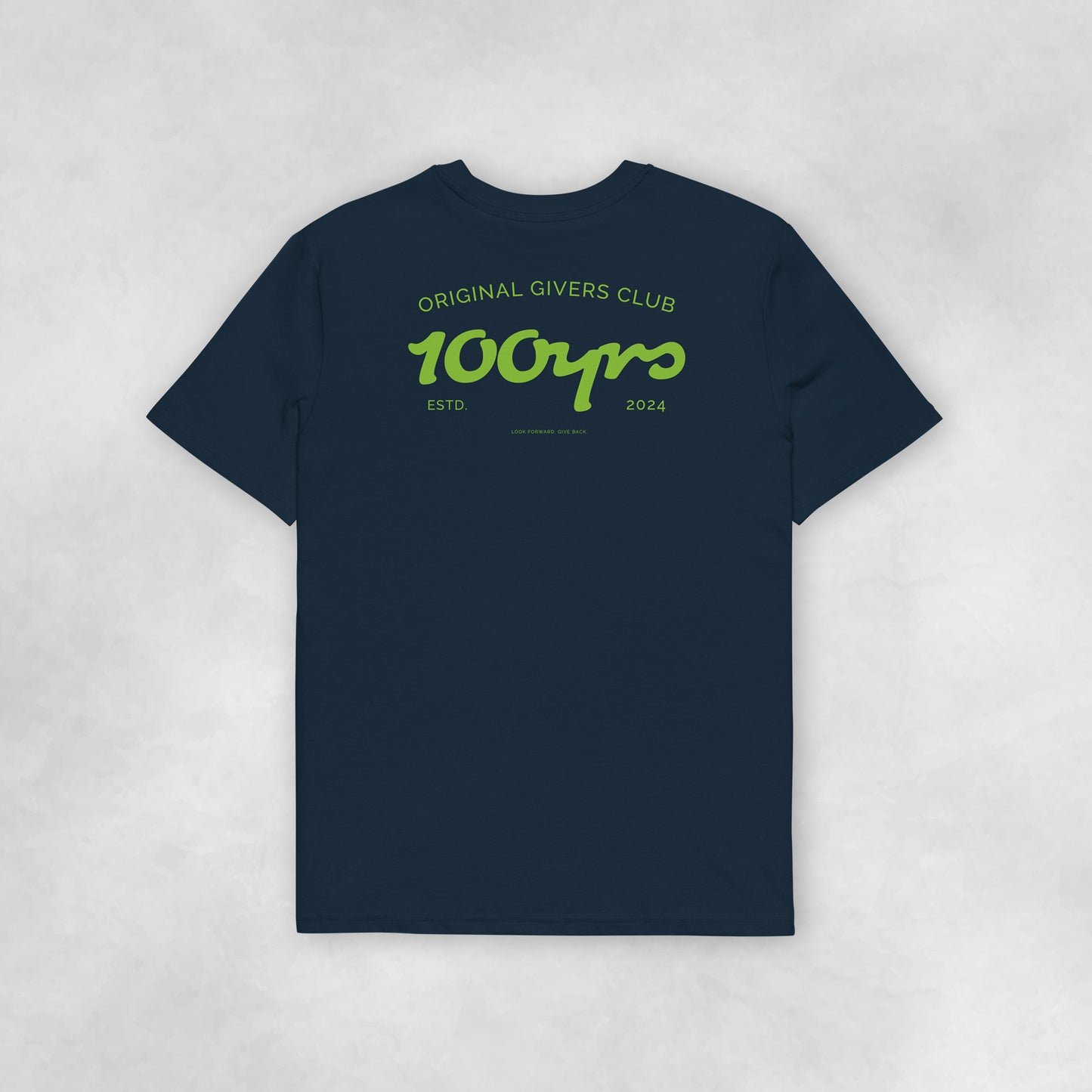 Back view of a navy coloured 100% organic cotton t-shirt.