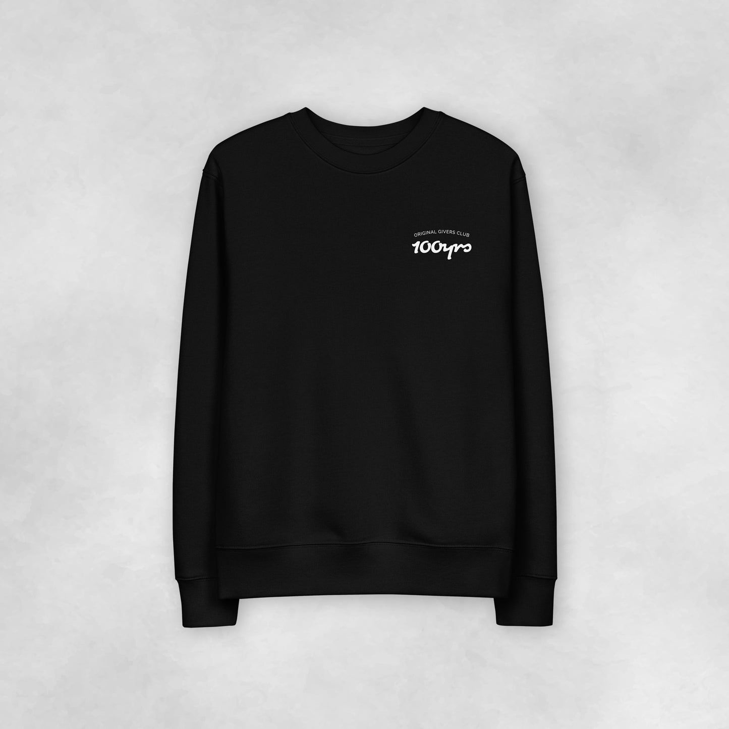 The front view of a black coloured 100% organic cotton sweatshirt.