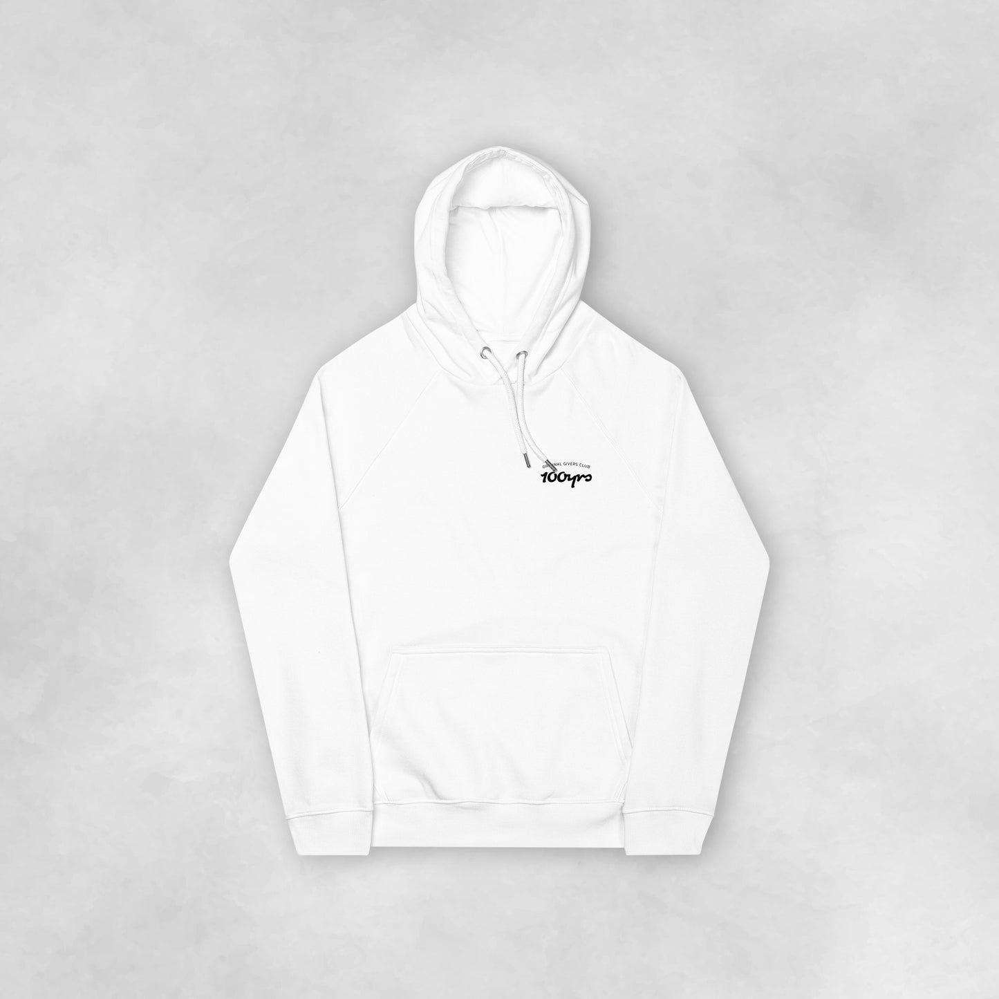 The front view of a white organic cotton raglan hoodie.