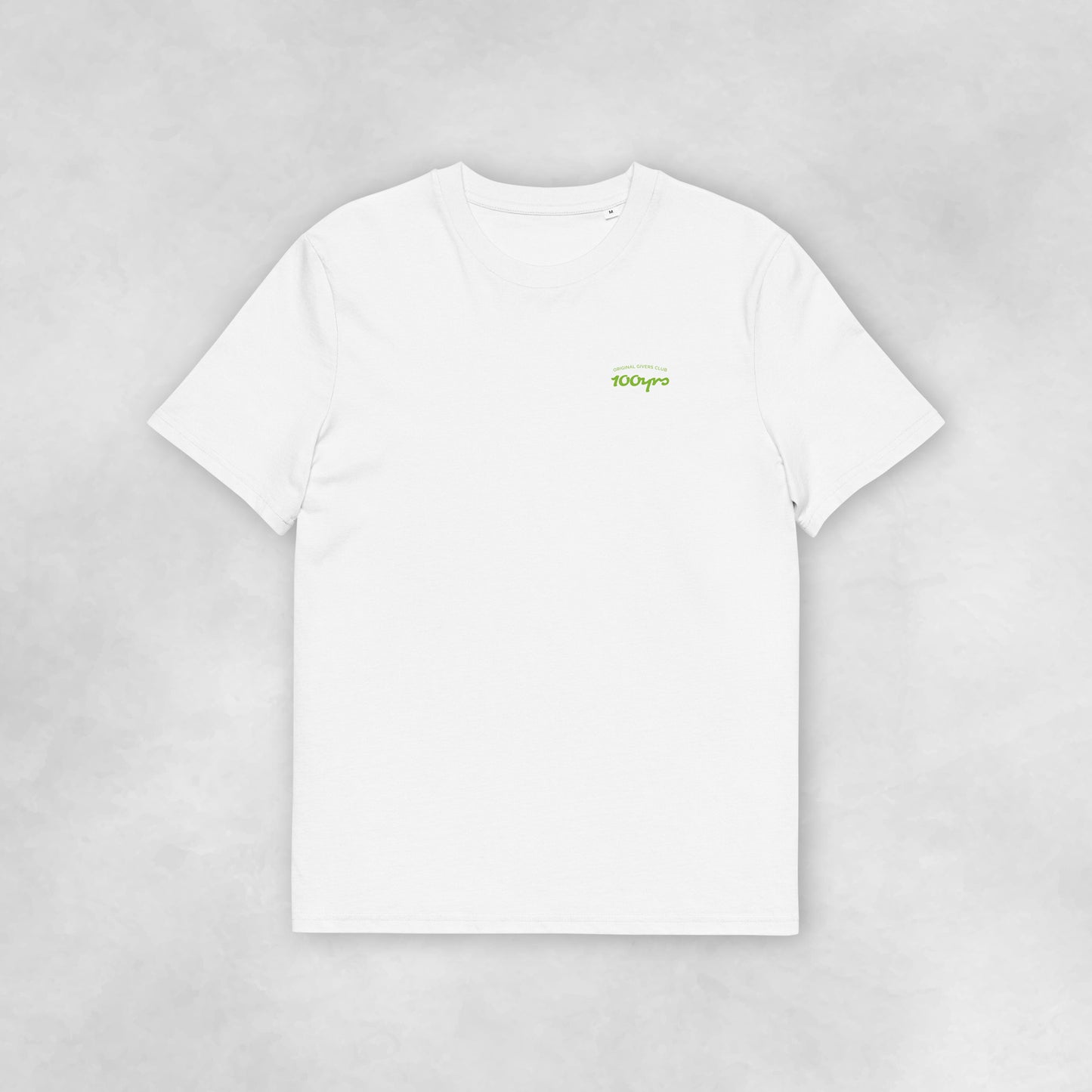 Front view of a white coloured 100% organic cotton t-shirt.