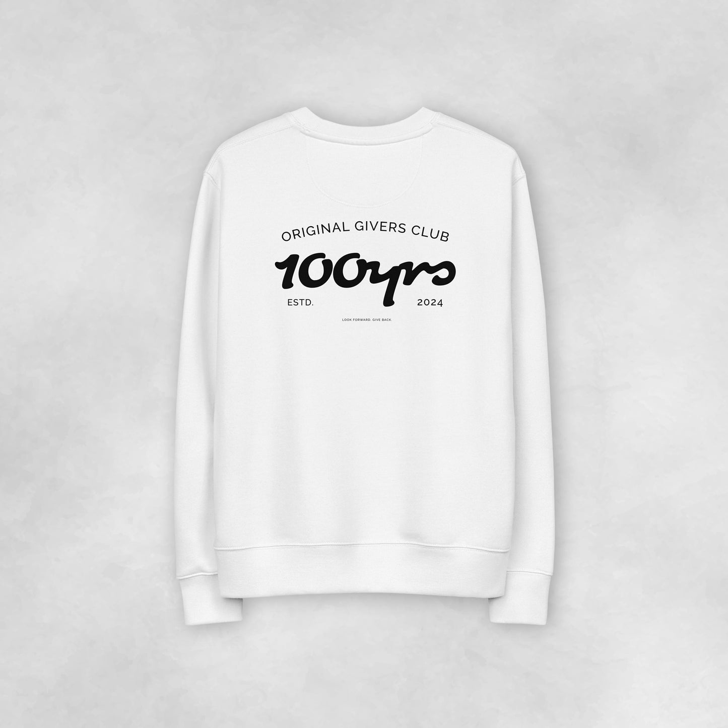 The back view of a white 100% organic cotton sweatshirt.