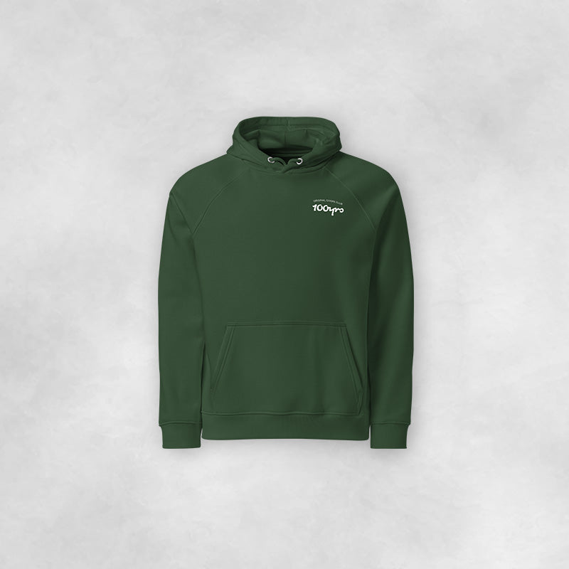 A green coloured 100yrs hoodie with the Original Givers Club logo on the front