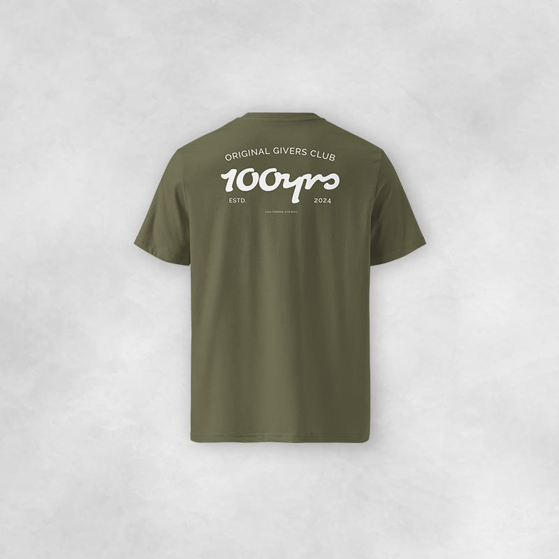A khaki coloured 100yrs t-shirt with the Original Givers Club logo on the back