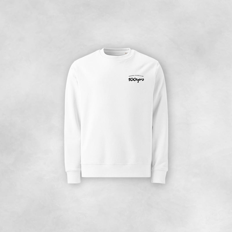 A white 100yrs sweatshirt with the Original Givers Club logo on the front