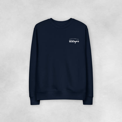 The front view of a navy coloured 100% organic cotton sweatshirt.