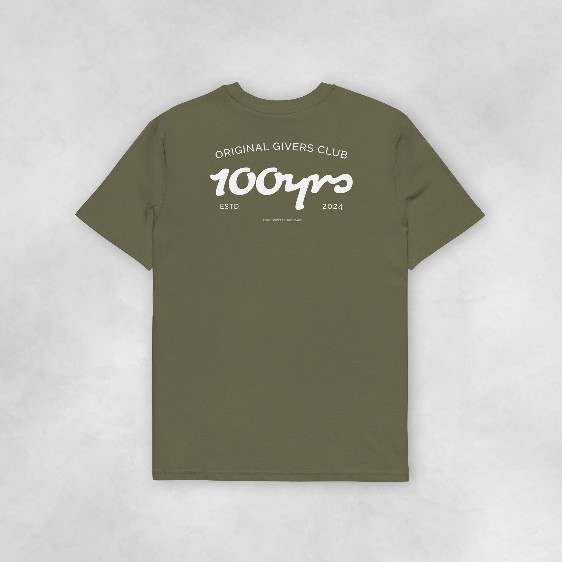 Back view of a khaki coloured 100% organic cotton t-shirt.