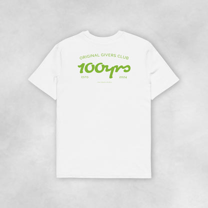 Back view of a white coloured 100% organic cotton t-shirt.