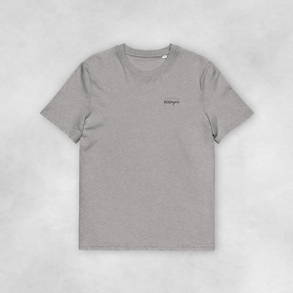 Front view of a heather grey coloured 100% organic cotton t-shirt.